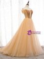 Romantic Gold Tulle Off the Shoulder Beading Formal Prom Dress 2020