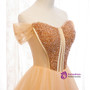Romantic Gold Tulle Off the Shoulder Beading Formal Prom Dress 2020
