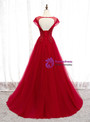 Modern Burgundy Tulle Cap Sleeve Appliques Backless Long Prom Dress 2020