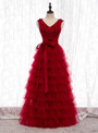 Wear a Classic Chic Burgundy Tulle Tiers Sleeveless Appliques Beading Long Prom Dress 2020