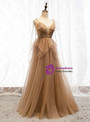 Charming Dark Champagne Tulle Spagehtti Straps Beading Long Prom Dress 2020