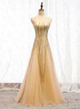 Sexy Gold Mermaid See Through Neck Sequins Tulle Sleeveless Prom Dress 2020