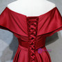 Unique Burgundy Satin Off the Shoulder Long Prom Dress With Button 2020