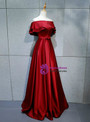 Unique Burgundy Satin Off the Shoulder Long Prom Dress With Button 2020