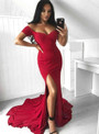 Red Mermaid Satin Off The Shoulder Floor Length Prom Dress 2020