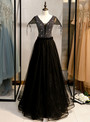 Buy 2020 Spring A-Line Black Tulle V-neck Cap Sleeve Beading Prom Dress Under 150