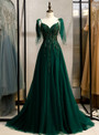 Shop 2020 Dark Green Tulle Spaghetti Straps Beading Prom Dress Under 130