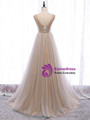 Buy Cheap 2020 Champagne V Neck Tulle Beading Floor Length Backless Prom Dress From Kemedress