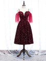 Sparkle Sequin Burgundy Tea Length Spaghetti Straps Prom Dress