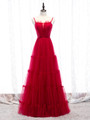 Shop Kemedress 2020 Spaghetti Straps Tulle Floor Length Red Pleats Prom Dress For Sale