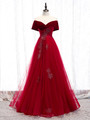 Shop Kemedress 2020 Off The Shoulder Burgundy Tulle Velvet Appliques Long Prom Dress For Sale