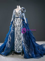 Unique Blue Tulle Sequins Long Sleeve Rose Flower Long Prom Dress 2020