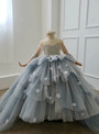 Gray Tulle Appliques 3/4 Sleeve Backless Beading 3D Flower Girl Dress 2020