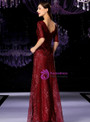 Burgundy Lace Sequins V-neck Short Sleeve Long Mother Of The Bride Dress 2020
