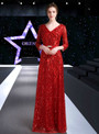 Unique Red Tulle Sequins Deep V-neck 3/4 Sleeve Mother Of The Bride Dress 2020