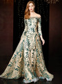 Elegance Champagne Tulle Green Sequins Long Sleeve Mother Of The Bride Dress 2020