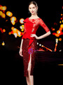 Elegance Sheath Red Satin Sequins Short Sleeve Mother Of The Bride Dress 2020