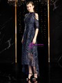Distinctive Navy Blue Sequins Hi Lo Short Sleeve Cold Shoulder Mother Of The Bride Dress 2020
