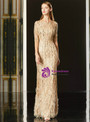 In One Step Champagne Gold Mermaid Sequins Long Sleeve Feather Mother Of The Bride Dress  