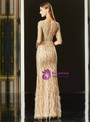 In One Step Champagne Gold Mermaid Sequins Long Sleeve Feather Mother Of The Bride Dress  