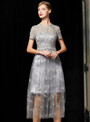 Popular Romance Silver Gray Tulle Lace Short Sleeve Embroidery Mother Of The Bride Dress