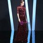 Glamorous Burgundy Mermaid High Neck Half Sleeve Sequins Mother Of the Brides Dress