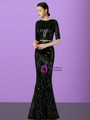 Find The Perfect Fashionable Black Mermaid Sequins Short Sleeve Mother of the Bride Dress With Sash