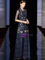 Elegance Dark Blue V-neck Half Sleeve Sequins Flower Long Mother Of The Bride Dress