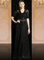 Come In All Styles And Colors Black Seuqins V-neck Short Sleeve Beading Sash Mother Of The Bride Dress