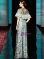 Pretty Blue Embroidery Lace V-neck Feather Mother Of The Bride Dress With Shawl