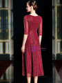 Delicate Burgundy Sequins Beading V-neck Half Sleeve Tea Length Mother Of The Bride Dress