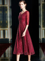 Delicate Burgundy Sequins Beading V-neck Half Sleeve Tea Length Mother Of The Bride Dress