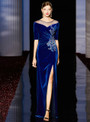 Sexy Blue Sheath Velvet Short Sleeve Sequins Mother of the Bride Dresses With Side Split