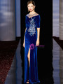 Sexy Blue Sheath Velvet Short Sleeve Sequins Mother of the Bride Dresses With Side Split