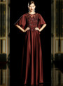 Fairy Tale Burgundy Satin Sequins Appliques Bat Sleeve Long Mother of the Bride Dress