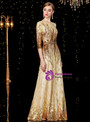 Classic Gold Tulle Sequins 3/4 Short Sleeve Mother of the Bride Dress With Sash