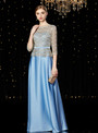 Modern Blue Satin Lace Sequins Half Sleeve Long Mother of the Bride Dress