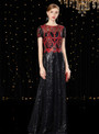 Amazing Black Red Sequins Short Sleeve Scoop Neck Long Mother of the Bride Dress