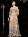 Queenly Champagne Tulle Embrodiery Puff Sleeve Cold Shoulder Mother of the Bride Dress