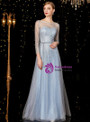 Trendy Gray Blue Tulle Sequins Long Sleeve Mother of the Bride Dress With Belt