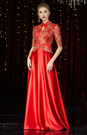 Fairy Tale Red Satin Lace Short Sleeve High Neck Mother of the Bride Dress