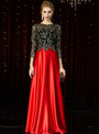 Queenly Red Satin Black Lace 3/4 Sleeve Mother of the Bride Dress