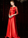Exciting Fantastic Red Satin Lace 3/4 Sleeve Long Mother of the Bride Dress