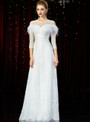 Beautiful White Tulle Sequins 3/4 Sleeve Mother of the Bride Dress With Feather