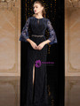 First-Class Navy Blue Velvet Sequins Horn Sleeve Mother Of The Bride Dress With Split