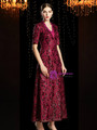 Modest Burgundy Lace Sequins V-neck Short Sleeve Ankle Length Mother Of The Bride Dress