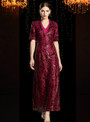 Modest Burgundy Lace Sequins V-neck Short Sleeve Ankle Length Mother Of The Bride Dress