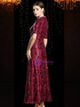 Modest Burgundy Lace Sequins V-neck Short Sleeve Ankle Length Mother Of The Bride Dress