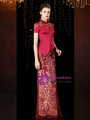 Attractive Burgundy Mermaid Lace Sequins High Neck Short Sleeve Mother of the Bride Dress