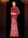 Attractive Burgundy Mermaid Lace Sequins High Neck Short Sleeve Mother of the Bride Dress